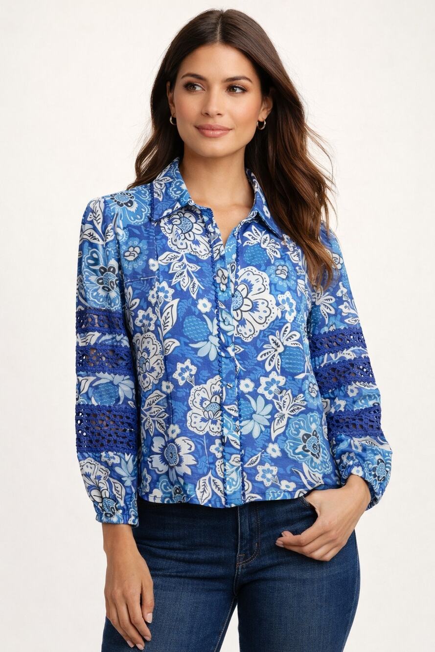 Elie by Elie Tahari Boho Blue Floral Print Blouse Crochet Lace Sleeve XL NWT